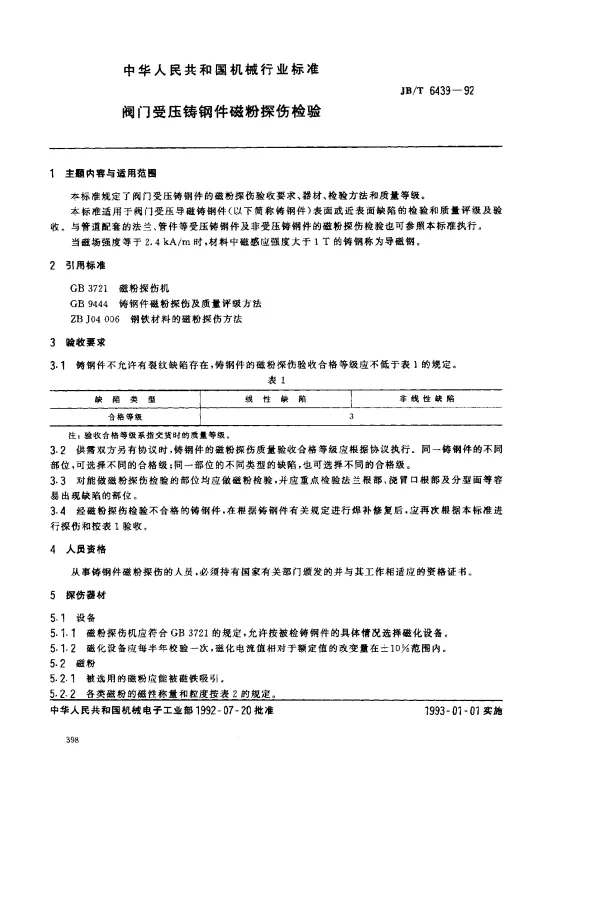 JBT 6439-1992 阀门受压铸钢件磁粉探伤检验
