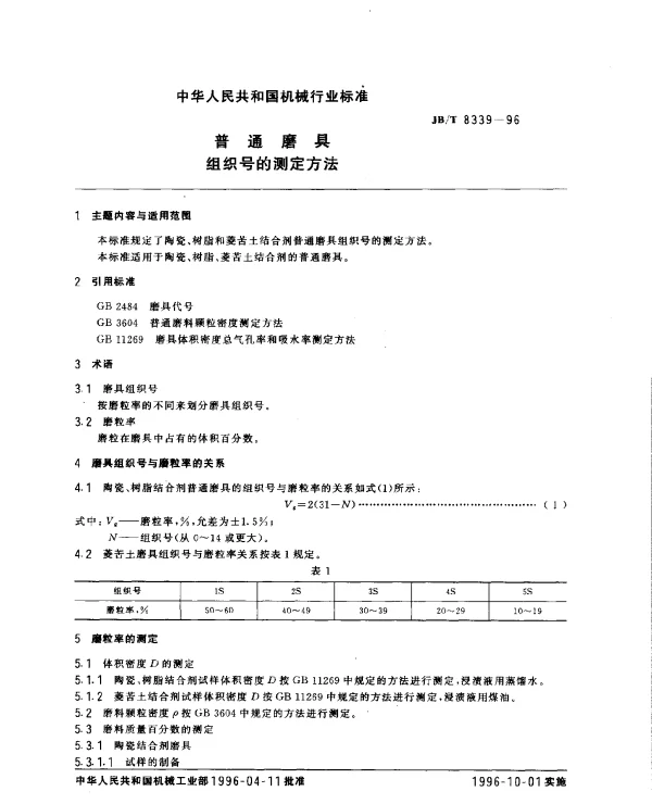 JBT 8339-1996 普通磨具.组织号的测定方法