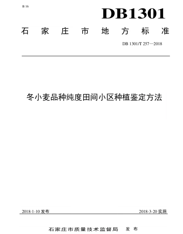 DB1301T 257-2018 冬小麦品种纯度田间小区种植鉴定方法