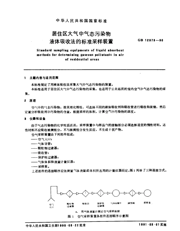 GB 12373-1990 居住区大气中气态污染物液体吸收法的标准采样装置