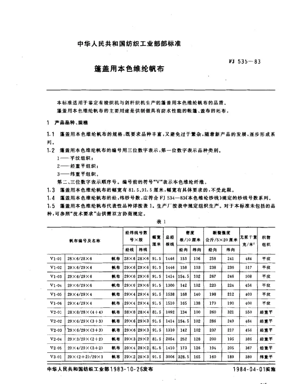 FJ 535-1983 篷盖用本色维纶帆布