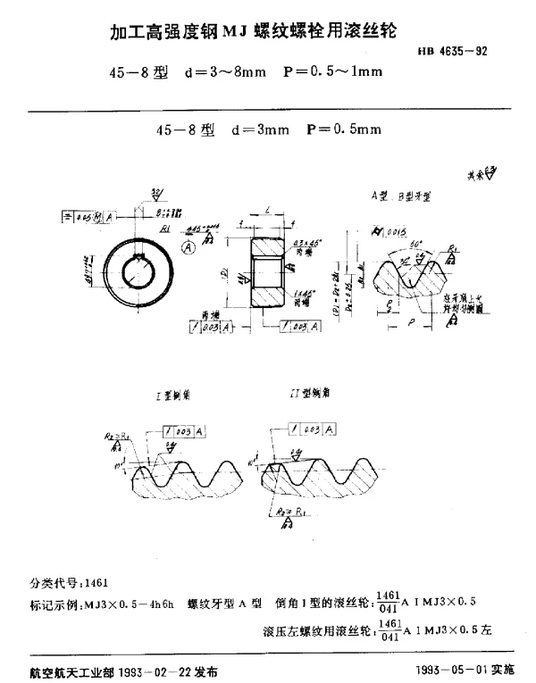 HB 4635-1992 加工高强度钢MJ螺纹螺栓用滚丝轮.45-8型.d=3~8mm.P=0.5~1mm
