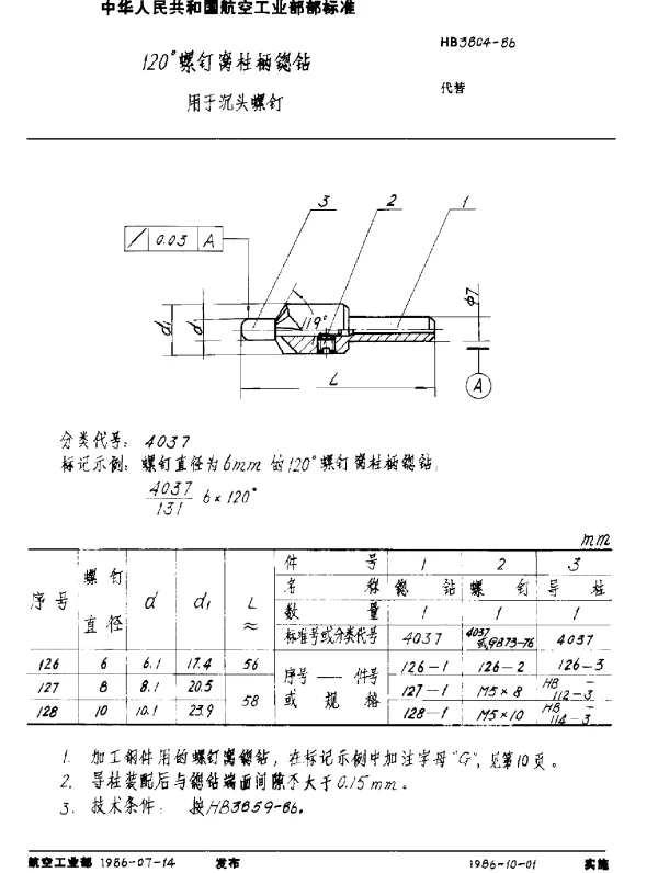 HB 3804-1986 120°螺钉窝柱柄锪钻 用于沉头螺钉