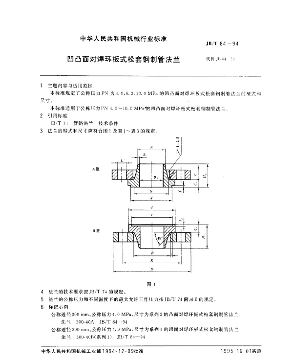 JBT 84-1994 凹凸面对焊环板式松套钢制管法兰