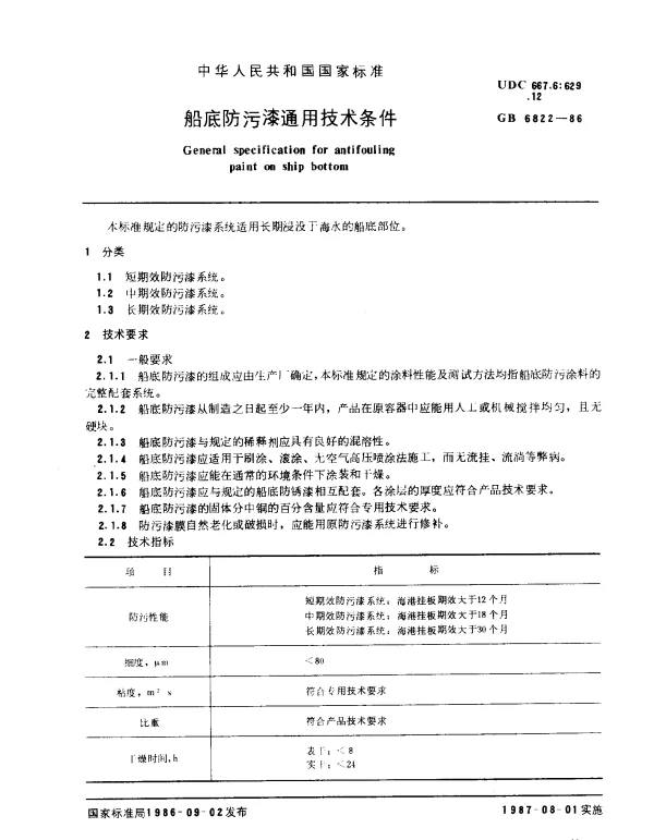 GB 6822-1986 船底防污漆通用技术条件