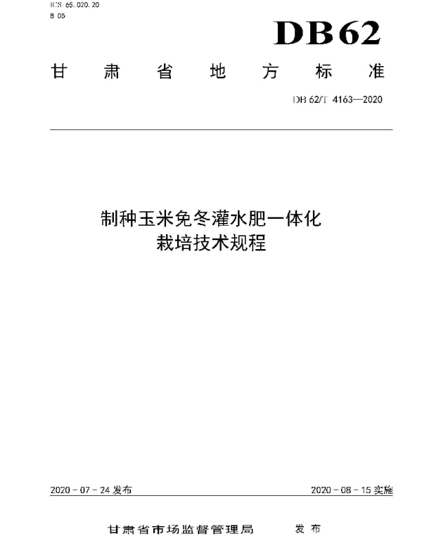 DB62T 4163-2020 制种玉米免冬灌水肥一体化栽培技术规程