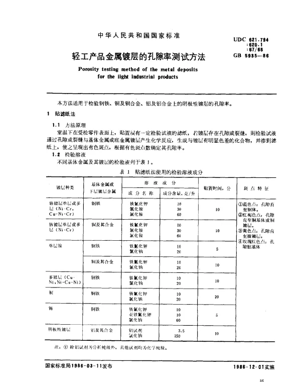 GB 5935-1986 轻工产品金属镀层的孔隙率测试方法