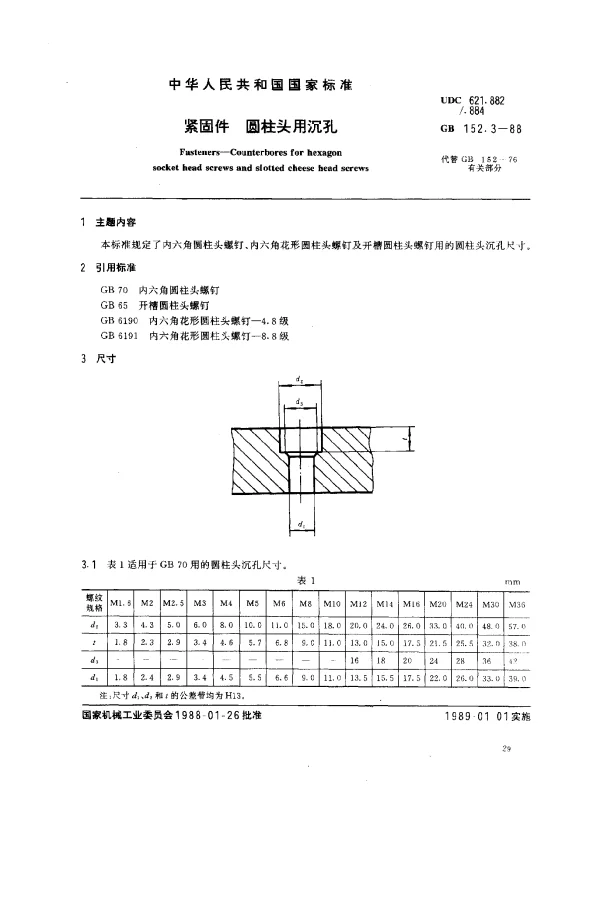 GB 152.3-1988 紧固件 圆柱头用沉孔