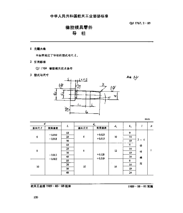 QJ 1767.2-1989 橡胶模具零件 导柱