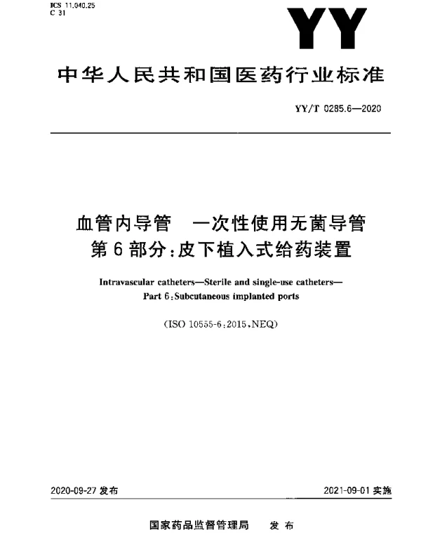 YYT 0285.6-2020 血管内导管 一次性使用无菌导管 第6部分：皮下植入式给药装置