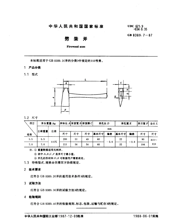 GB 8389.7-1987 劈柴斧