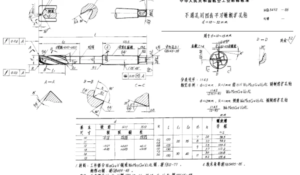 HB 3492-1985 不通孔用四齿平刃锥柄扩孔钻 d=10~32mm