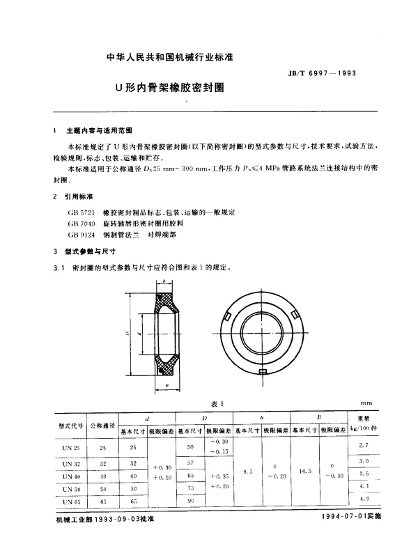 JBT 6997-1993 U形内骨架橡胶密封圈