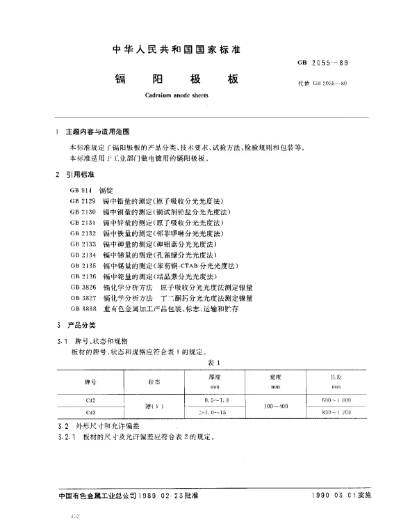 GB 2055-1989 镉阳极板
