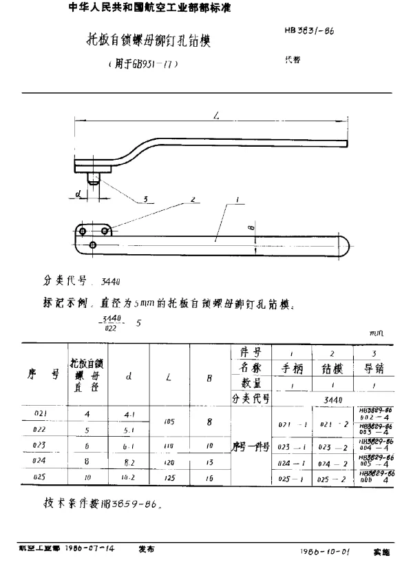 HB 3831-1986 托板自锁螺母铆钉孔钻模 (用于GB 931-77)