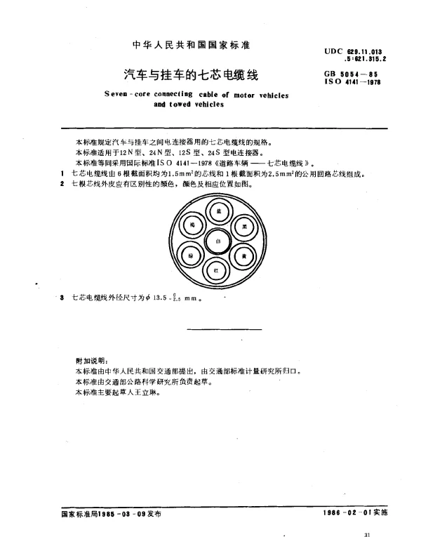 GB 5054-1985 汽车与挂车的七芯电缆线