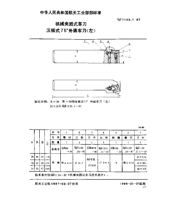 QJ 1133.7-1987 机械夹固式车刀 压板式75°外圆车刀(左)