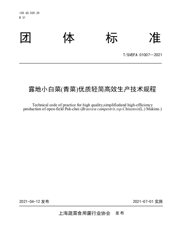 TSVEFA 01007-2021 露地小白菜(青菜)优质轻简高效生产技术规程