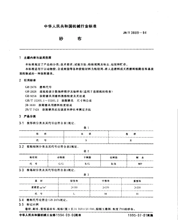 JBT 3889-1994 砂布