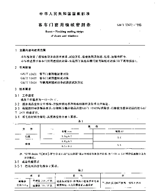 GBT 12422-1990 客车门窗用植绒密封条