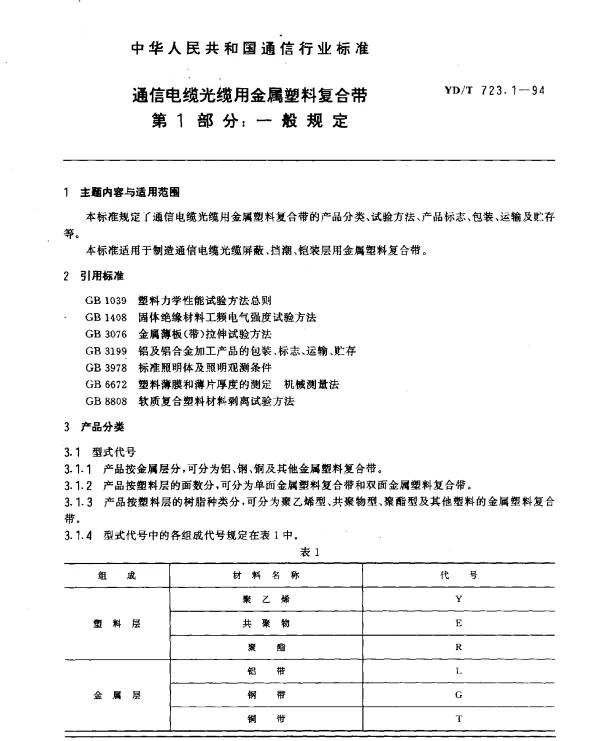 YDT 723.1-1994 通信电缆光缆用金属塑料复合带 第1部分： 一般规定