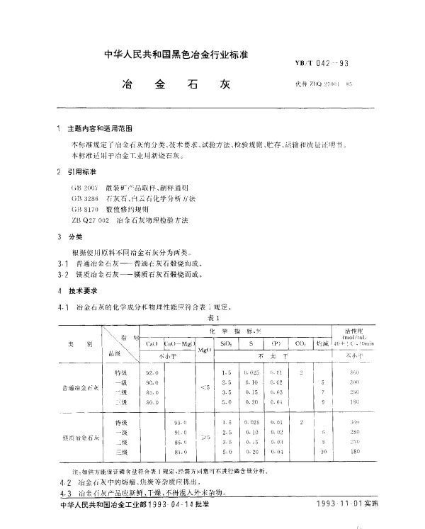 YBT 042-1993 冶金石灰