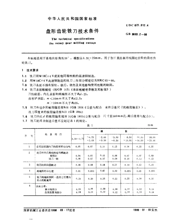 GB 9063.2-1988 盘形齿轮铣刀技术条件