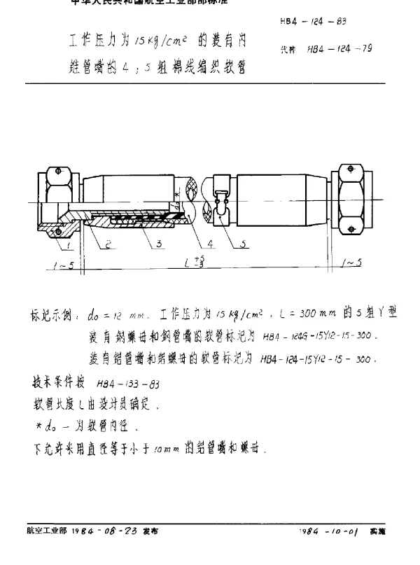 HB 4-124-1983 工作压力为15kgcm2的装有内锥管嘴的4;5组棉线编织软管