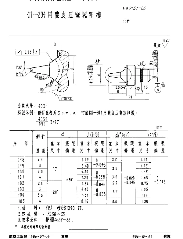 HB 3750-1986 KΠ-204用蒙皮压窝器阳模