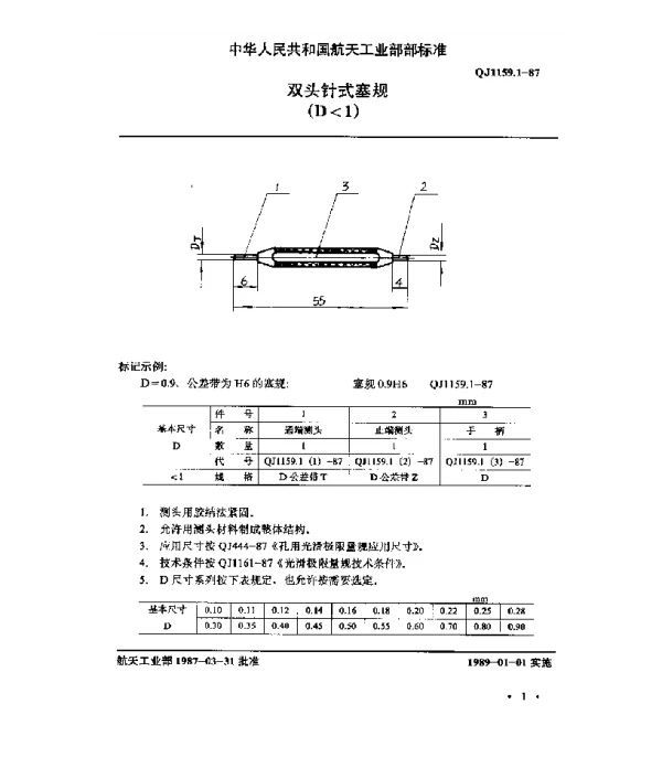 QJ 1159.1-1987 光滑极限量规型式尺寸 双头针式塞规(D1)