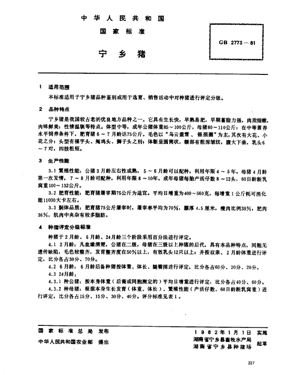 GB 2773-1981 宁乡猪