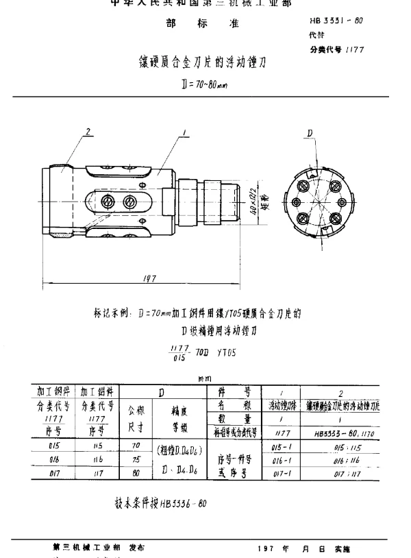 HB 3331-1980 镶硬质合金刀片的浮动镗刀 D=70~80mm