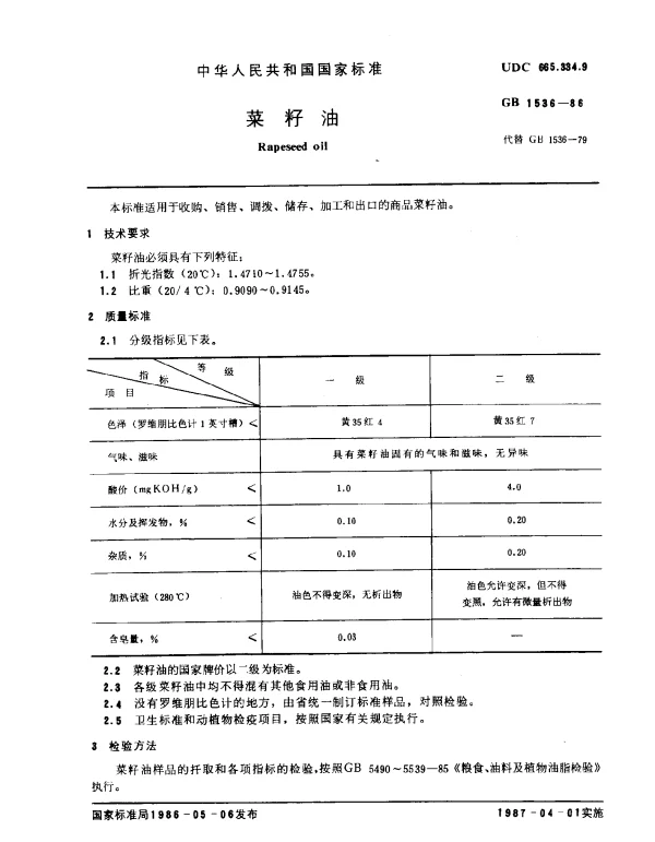 GB 1536-1986 菜籽油