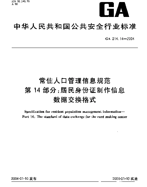 GA 214.14-2004 常住人口管理信息规范.第14部分：居民身份证制作信息数据交换格式