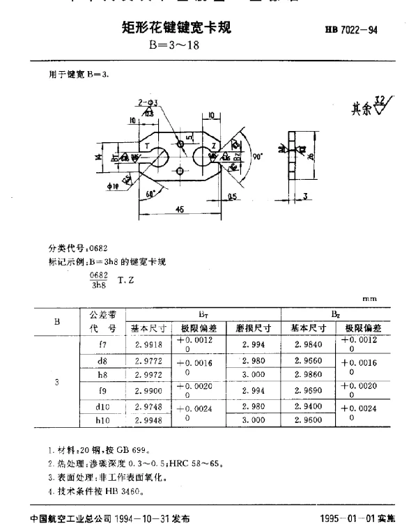 HB 7022-1994 矩形花键键宽卡规.B=3~18