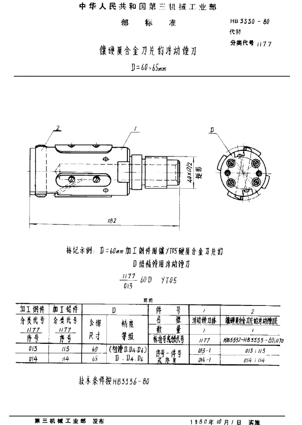 HB 3330-1980 镶硬质合金刀片的浮动镗刀 D=60、65mm