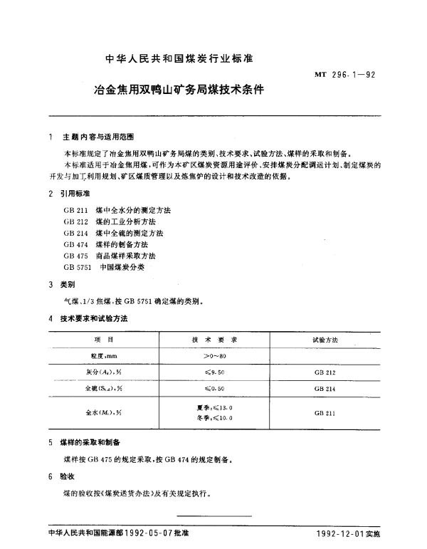 MT 296.1-1992 冶金焦用双鸭山矿务局煤技术条件
