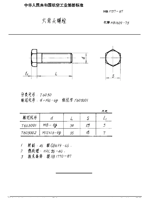 HB 1757-1987 六角头螺栓