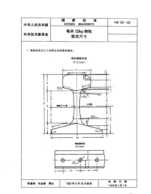 GB 181-1963 每米50kg钢轨型式尺寸