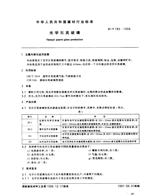 JCT 185-1996 光学石英玻璃