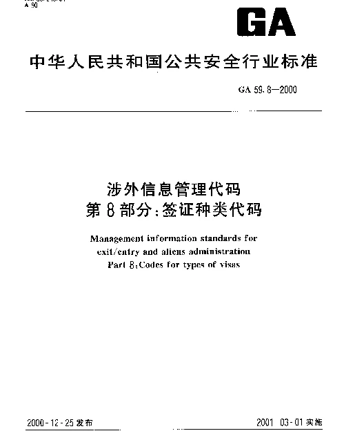 GA 59.8-2000 涉外信息管理代码 第8部分： 签证种类代码