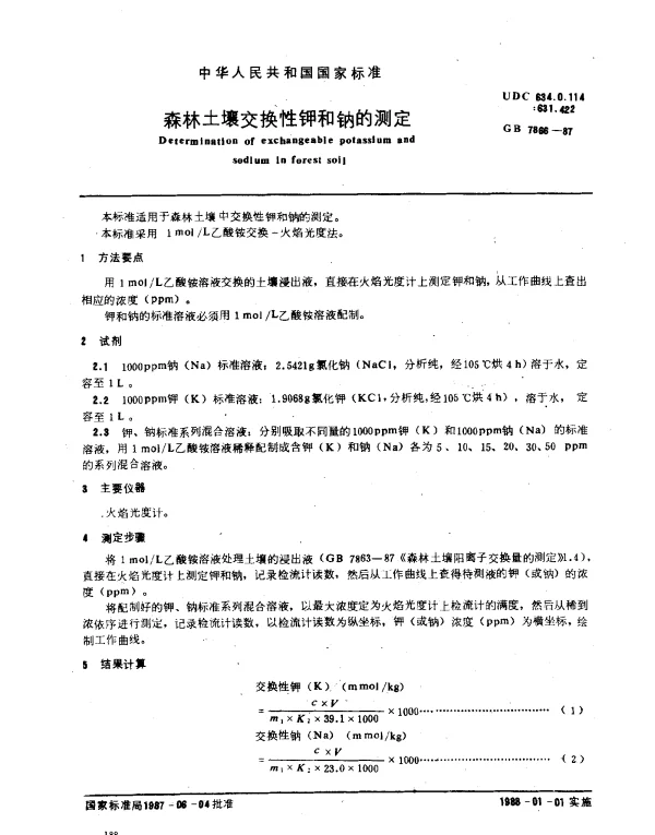 GB 7866-1987 森林土壤交换性钾和钠的测定