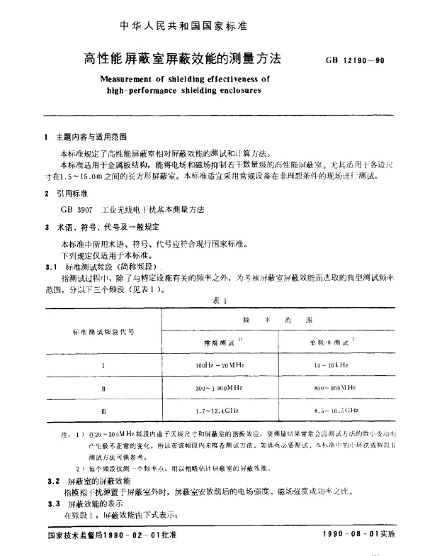 GB 12190-1990 高性能屏蔽室屏蔽效能的测量方法