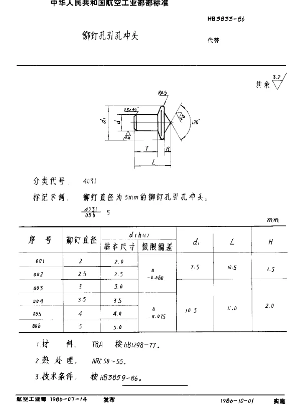 HB 3833-1986 铆钉孔引孔冲头