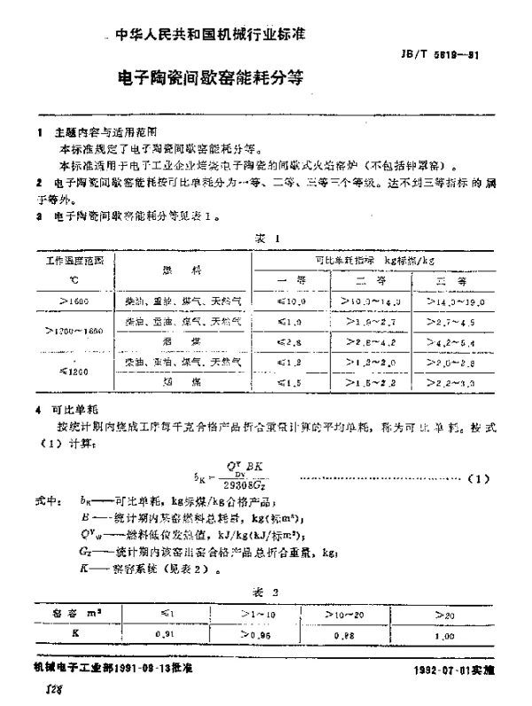JBT 5619-1991 电子陶瓷间歇窑 能耗分等