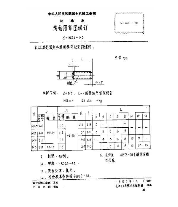 QJ 431-1978 锪钻用紧固螺钉(d=M2.5~M5)