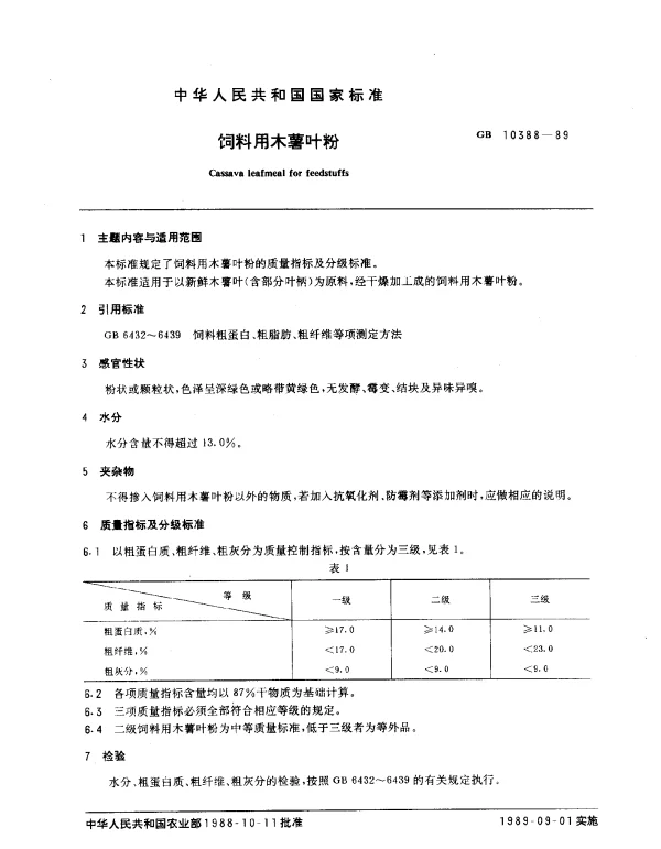 GB 10388-1989 饲料用木薯叶粉