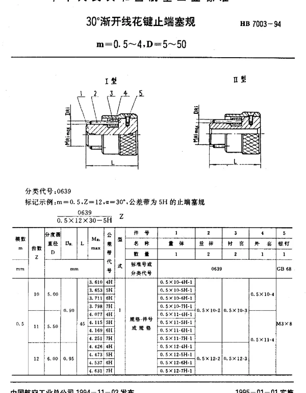 HB 7003-1994 30°渐开线花键止端塞规.m=0.5~4,D=5~50