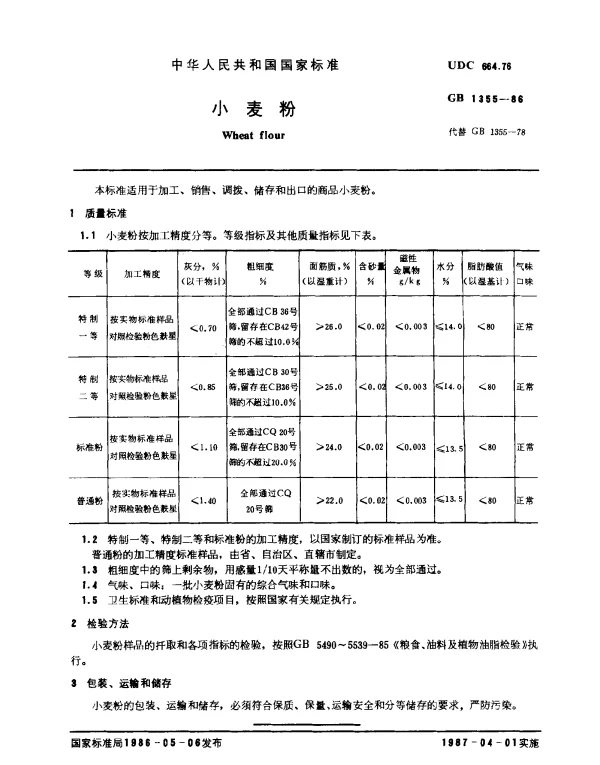 GB 1355-1986 小麦粉