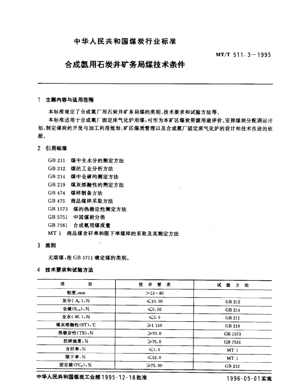 MTT 511.3-1995 合成氨用石炭井矿务局煤技术条件